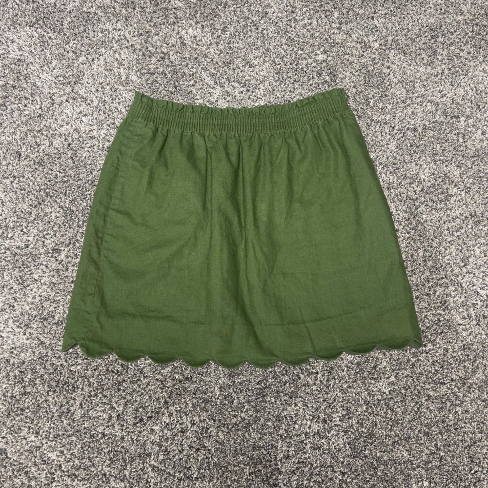 J. Crew Scalloped Hem Linen Blend Mini Skirt Olive Green Smocked Waist H5397 10